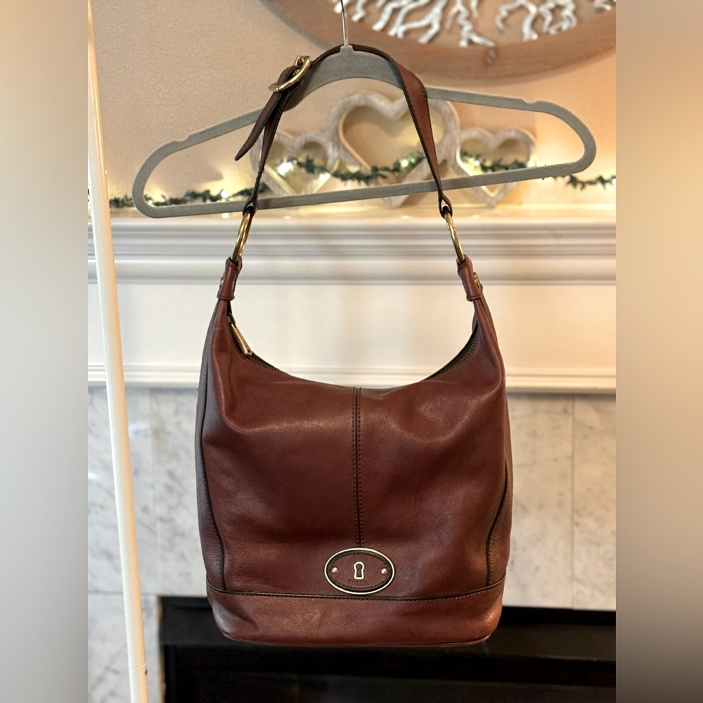 FOSSIL MADDOX Brown Leather Bucket Shoulder Bag